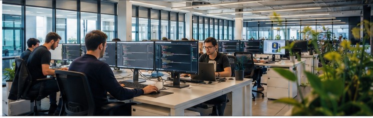 Equipo de desarrollo de software trabajando en un entorno tecnológico moderno